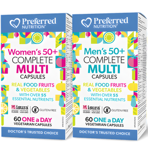 Preferred Nutrition 50+ Complete Multi One a Day Capsules - front packaging of both men and women's 50+ complete multi Preferred Nutrition 50+ Complete Multi One a Day Capsules - front packaging of both men and women's 50+ complete multi