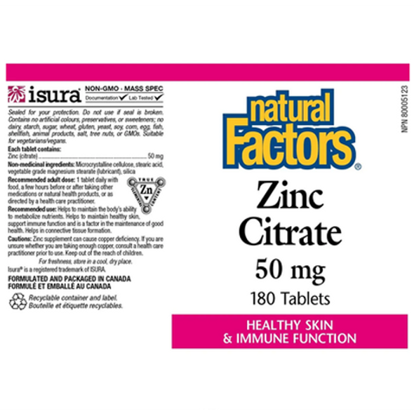 Natural Factors Zinc Citrate 50 mg Tablets - product label