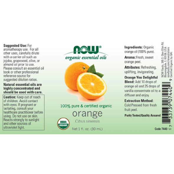 NOW Organic Orange 100% Pure Essential Oil - product label