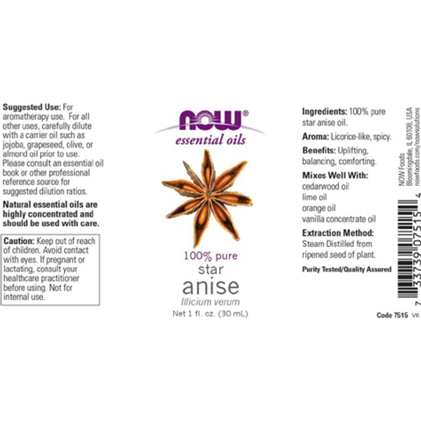 NOW Anise 100% Pure Essential Oil - product label