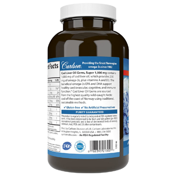 Carlson Norweigen Cod Liver Oil Gems Super 1000 mg Softgels - supplements fact
