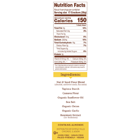 Simple Mills Almond Flour Crackers Fine Ground Sea Salt - nutrition facts