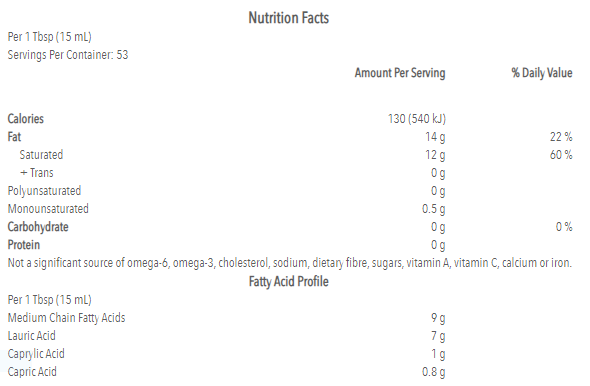 VegiDay - Organic Coconut Oil 800 mL Nutrition Facts
