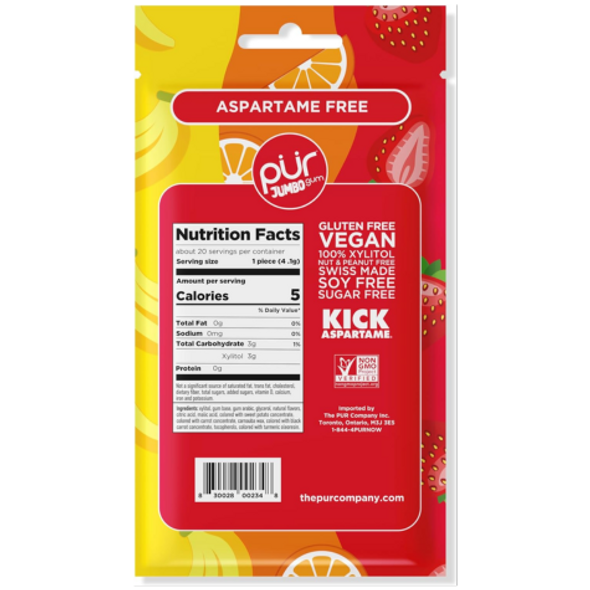 Pur Aspartame Free Jumbo Gum - back of Strawberry, Orange, Banana