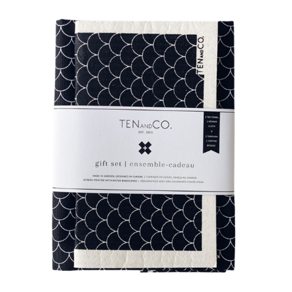 Ten and Co. - Scallop Black Tea Towel & Sponge Cloth Gift Set