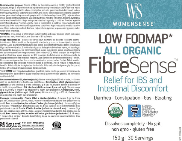 WomenSense Low FODMAP All Organic FibreSense - Label