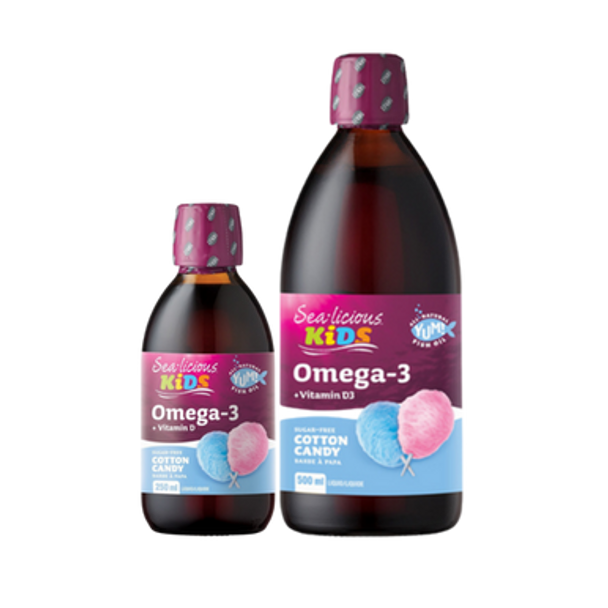 Kids Omega-3 + Vitamin D3 front of the bottle featuring both sizes