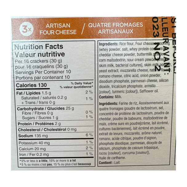 Crunchmaster Rice Crackers Artisan Four Cheese Nutrition Label