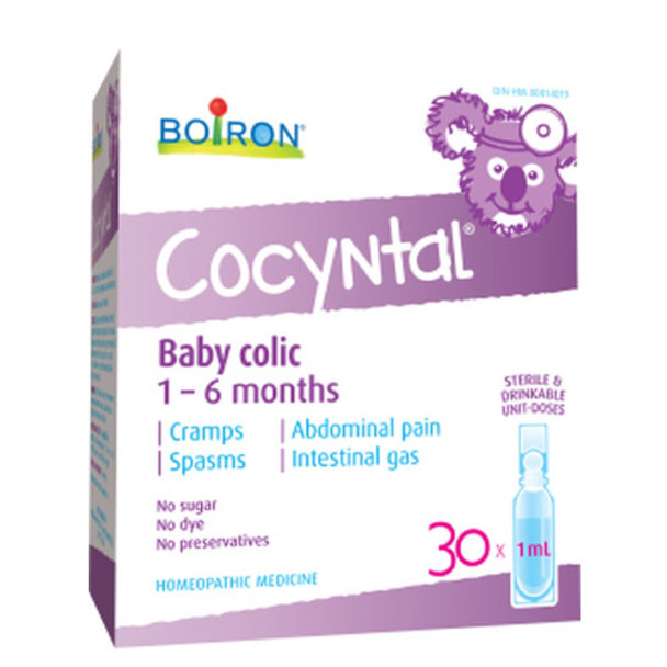 Boiron Cocyntal Baby Colic Relief for children 1 month to 6 months in age that are suffering from cramps, spasms, abdominal pain and intestinal gas.  30 x 1 ml unit doses.