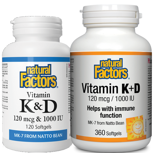 Natural Factors Vitamin K & D 120mcg & 1000 IU Softgels - Both Size