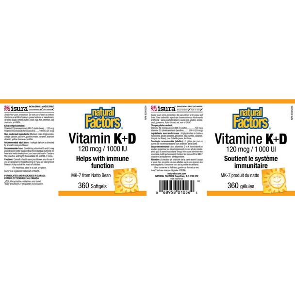 Natural Factors Vitamin K & D 120mcg & 1000 IU Softgels - Label