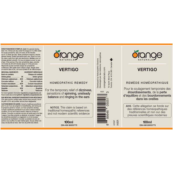 Orange Naturals Vertigo Homeopathic Balance Equilibrium - Label