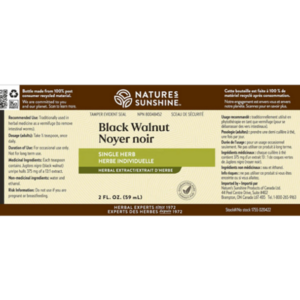 Nature's Sunshine Black Walnut tincture label