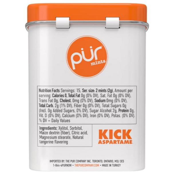 Pur Aspartame Free Mints - back of product Tangerine Tango