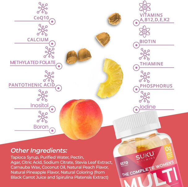 SUKU Vitamins The Complete Women's Peach & Pineapple Flavoured Multi Gummies - Features
