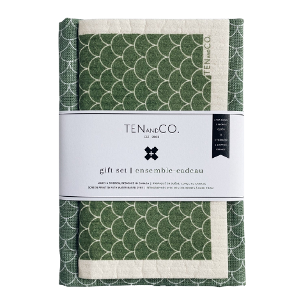 Ten and Co.  Scallop Sage Tea Towel & Sponge Cloth Gift Set