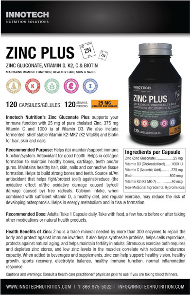 Innotech Nutrition Zinc Plus 25 mg Capsules - Label