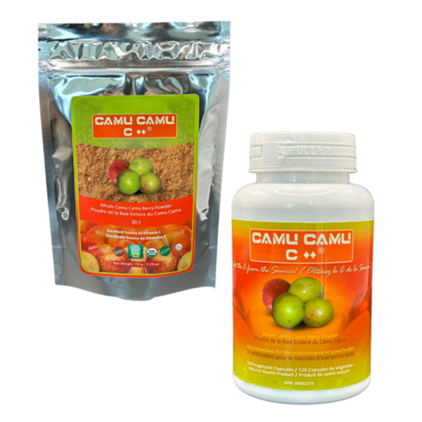 Camu Camu C++ Capsules or Powder - featuring the powder and capsule packaging