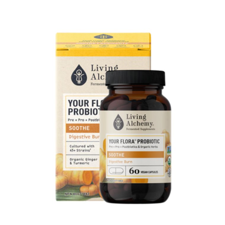 Living Alchemy Your Flora Probiotic Soothe Capsules - bottle and box