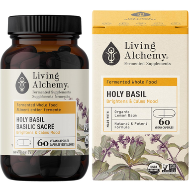 Living Alchemy Holy Basil Alive Plus Organic Lemon Balm Capsules - front label