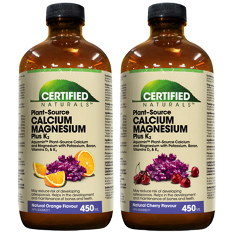 Certified Naturals Calcium Magnesium Plus K2 Liquid or Capsules - Orange flavour, Cherry flavour