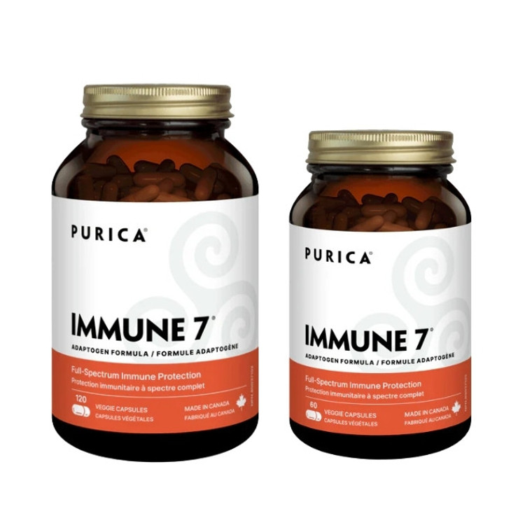 Purica Immune 7 Micronized Mushrooms Capsules - front of bottles 60 and 120 capsules
