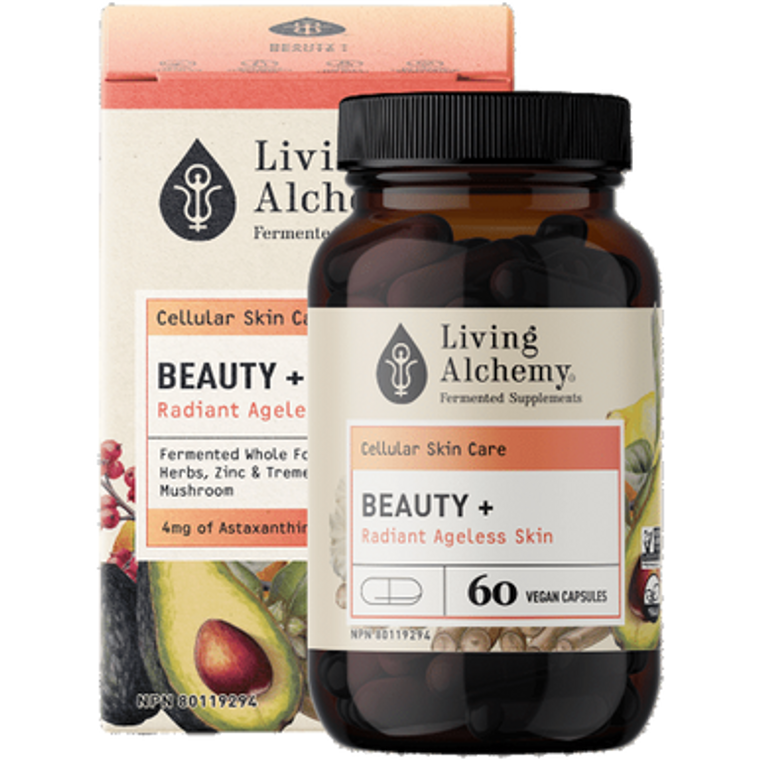 Living Alchemy Fermented Supplements Beauty + Capsules - front packaging and bottle Living Alchemy Fermented Supplements Beauty + Capsules - front packaging and bottle