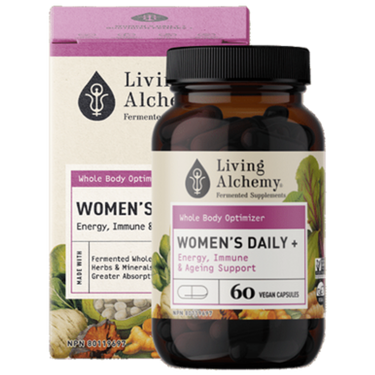 Living Alchemy Fermented Supplements Women's Daily + Capsules - front packaging and bottle Living Alchemy Fermented Supplements Women's Daily + Capsules - front packaging and bottle