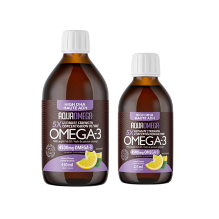 AquaOmega High DHA Omega-3 Wild Caught Fish Oil Lemon Flavour | 2 sizes - 450ml, 225ml AquaOmega High DHA Omega-3 Wild Caught Fish Oil Lemon Flavour | 2 sizes - 450ml, 225ml