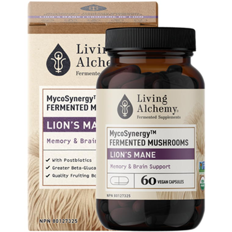 Living Alchemy MycoSynergy Fermented Mushrooms Lion's Mane | 60 Capsules - front packaging and bottle Living Alchemy MycoSynergy Fermented Mushrooms Lion's Mane | 60 Capsules - front packaging and bottle