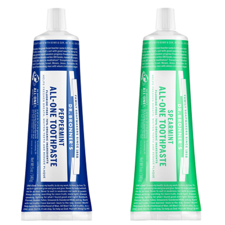 Dr. Bronner's All-One Toothpaste (2 flavours) | 140 grams - Peppermint and Spearmint toothpaste tubes