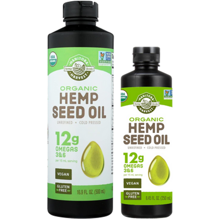 Manitoba Harvest Organic Hemp Seed Oil - front label of bottle sizes, 250ml and 500ml