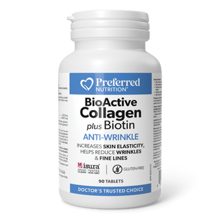 Preferred Nutrition BioActive Collagen plus Biotin Anti-Wrinkle Tablets - front label 90 tablets