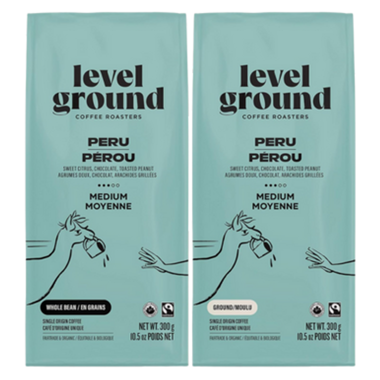 Level Ground Peru Medium Roast | 300 grams - front picture of ground and whole bean packaging