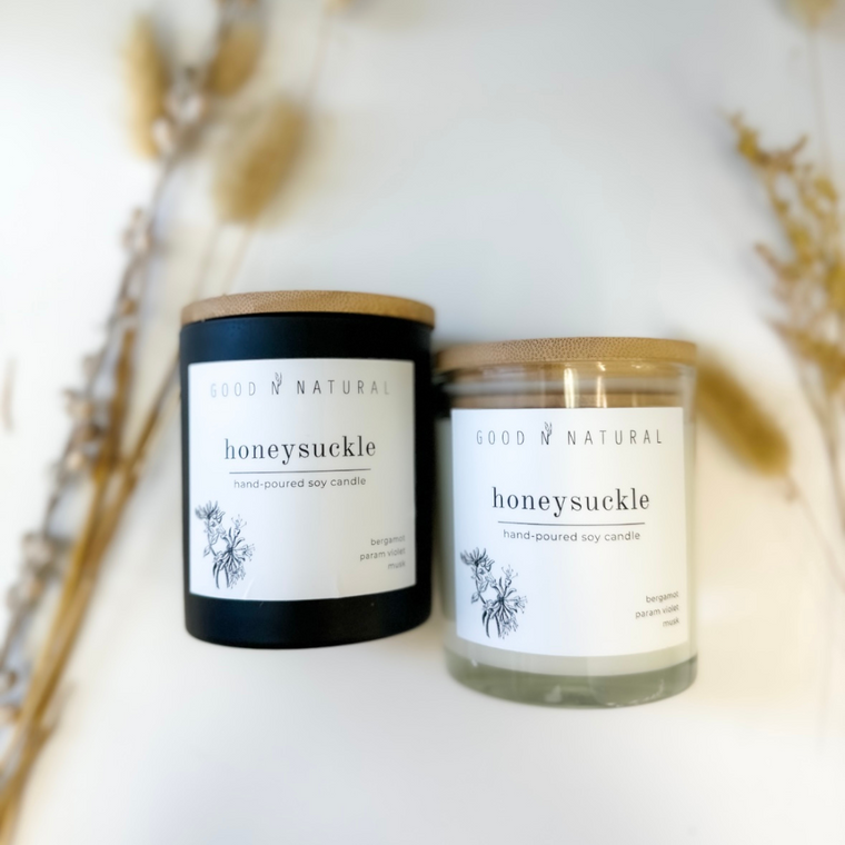 GNN Hand Crafted Candles Honeysuckle clear and black glass
