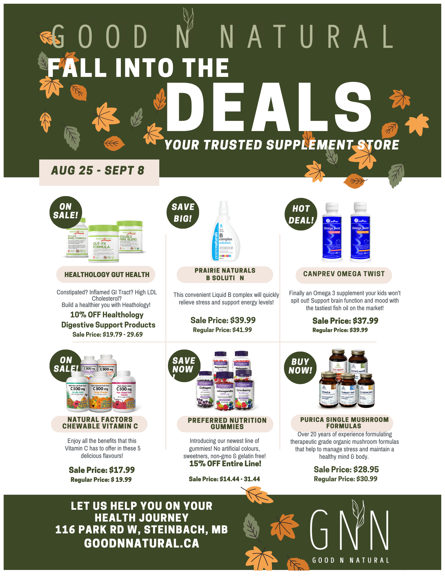 Fall-themed flyer promoting health supplements  at a local store and online, featuring a colorful autumn theme with images of vitamins, probiotics, and immune-boosting products , emphasizing seasonal wellness and immune support.