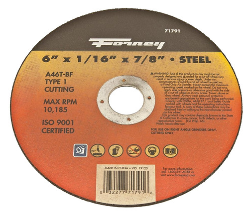 Forney 71791 Cut-Off Wheel, 6 in Dia, 1/16 in Thick, 7/8 in Arbor, 50 Grit, Coarse, Aluminum Oxide Abrasive [SKU: ORG8926362]