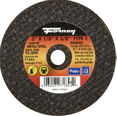 Forney 71843 Cut-Off Wheel, 3 in Dia, 1/8 in Thick, 3/8 in Arbor, 36 Grit, Medium, Aluminum Oxide Abrasive [SKU: ORG8911463]