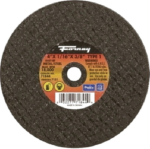 Forney 71844 Cut-Off Wheel, 4 in Dia, 1/16 in Thick, 3/8 in Arbor, 46 Grit, Medium, Aluminum Oxide Abrasive [SKU: ORG8911471]