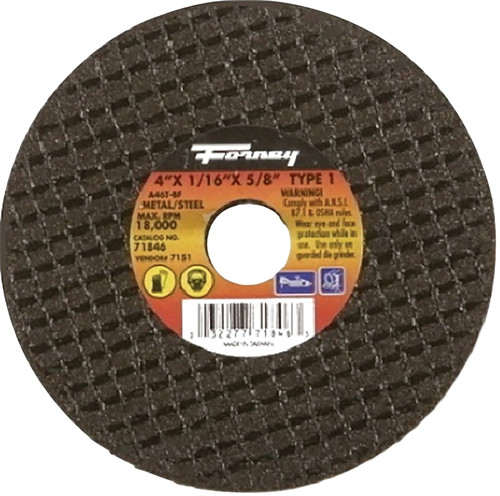 Forney 71846 Cut-Off Wheel, 4 in Dia, 1/16 in Thick, 5/8 in Arbor, 46 Grit, Medium, Aluminum Oxide Abrasive [SKU: ORG8911547]