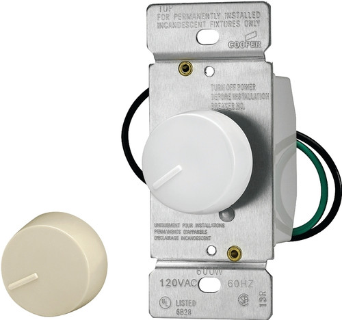 Eaton Wiring Devices RI061-VW-K2 Rotary Dimmer, 120 V, 600 W, Halogen, Incandescent Lamp, Single-Pole, Ivory/White [SKU: ORG2879518]