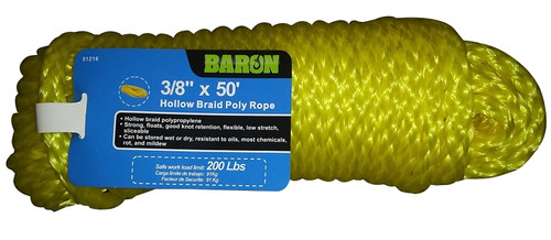 BARON 51216 Rope, 3/8 in Dia, 50 ft L, 200 lb Working Load, Polypropylene, Yellow [SKU: ORG7459100]