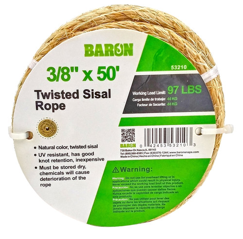 BARON 53210 Rope, 3/8 in Dia, 50 ft L, 97 lb Working Load, Sisal, Natural [SKU: ORG3359908]