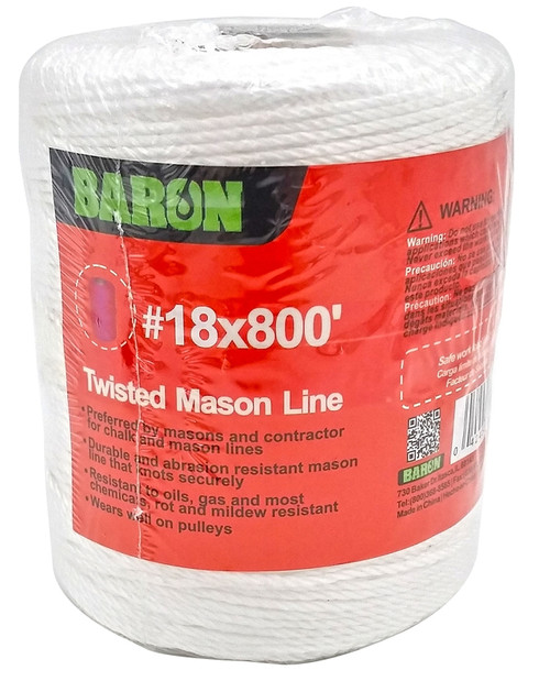 BARON 70817 Twisted Mason Line, #18 Dia, 800 ft L, 13 lb Working Load, Polyester, White [SKU: ORG7459506]