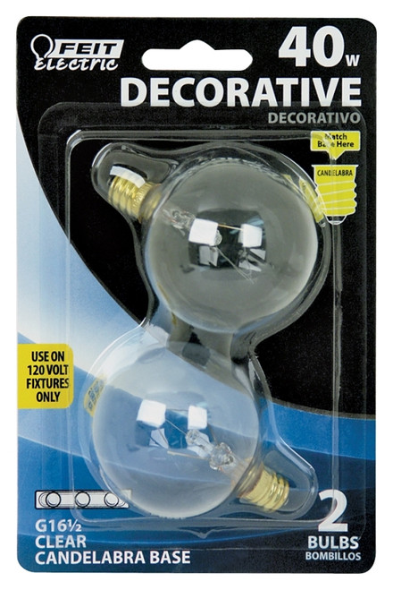 Feit Electric BP40G161/2 Incandescent Lamp, 40 W, G16-1/2 Lamp, Candelabra E12 Lamp Base, 2700 K Color Temp [SKU: ORG6049571]