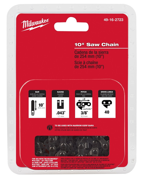 Milwaukee 49-16-2723 Chainsaw Chain, Pole Saw Chain, 10 in L Bar, 0.043 in Gauge, 3/8 in TPI/Pitch, 40-Link [SKU: ORG0333351]