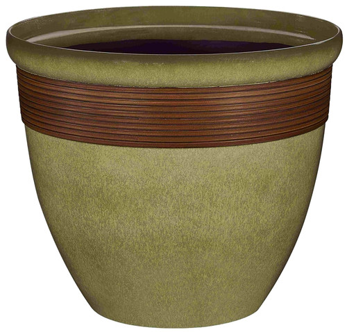 Landscapers Select Tall Wave Planter, 15 in Dia, Round, Resin, Olive Green with Wood Accent [SKU: ORG7895923]