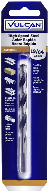 Vulcan 231751OR Jobber Drill Bit, 19/64 in Dia, 4-3/8 in OAL, 3-Flat Shank [SKU: ORG0249862]