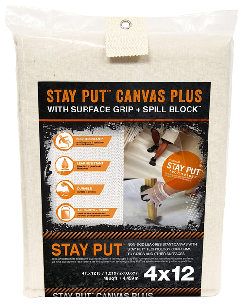 Trimaco Stay Put 4328 Canvas Drop Cloth, 12 ft L, 4 ft W, Canvas/Plastic [SKU: ORG0959676]