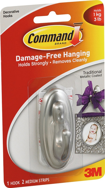 Command 17051BN Decorative Hook, 3 lb, 1-Hook, Plastic, Silver, Brushed Nickel [SKU: ORG2946895]